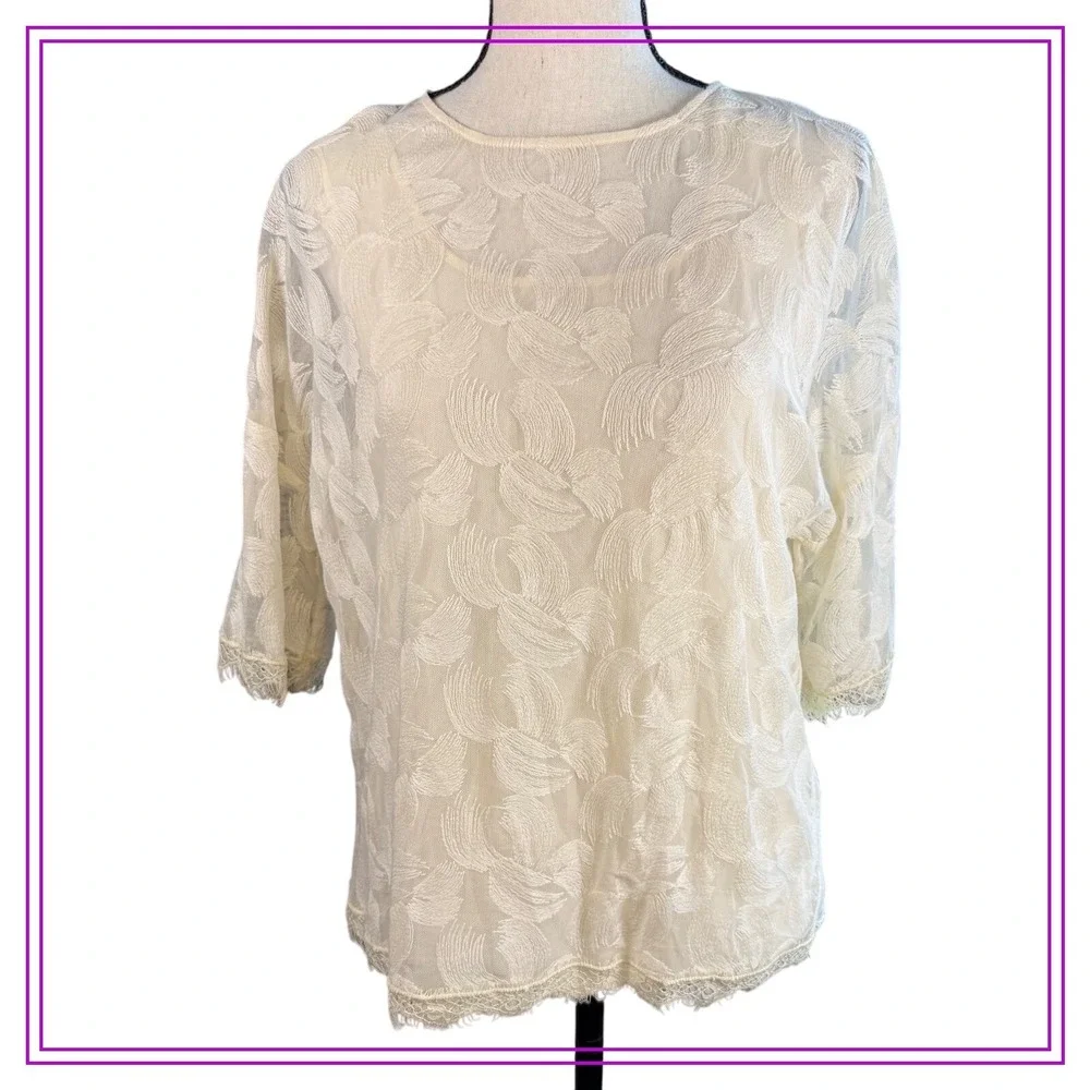NWT Halston Heritage Lace Top Cream 3/4 Sleeve Floral Sheer Elegant Blouse - Picture 1 of 10